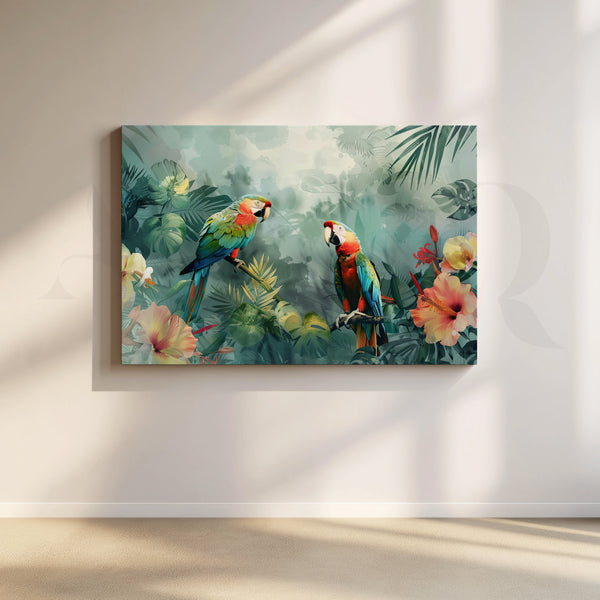 Tropical Parrot Conversation Canvas Artwork