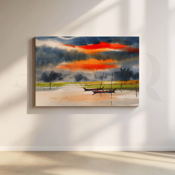 Sunset Stillness with Boats Canvas Artwork