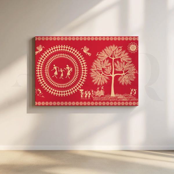 Red Warli Folk Art Canvas Artwork