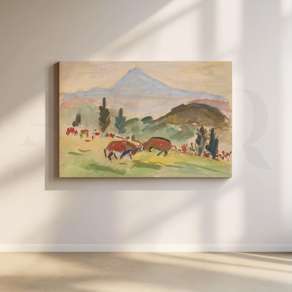 Pastoral Meadow with Bulls Canvas Artwork