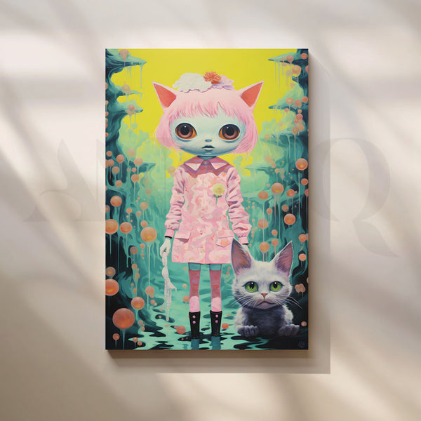 Neon Neko Dream Canvas Painting for Bedroom/Creative Studio