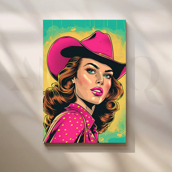 Hot Pink Cowgirl Pop Canvas Painting for Living Room