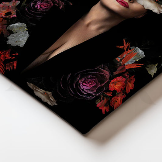 Midnight Bloom Floral Femme-Noir Canvas – Dramatic Dark Botanical Portrait