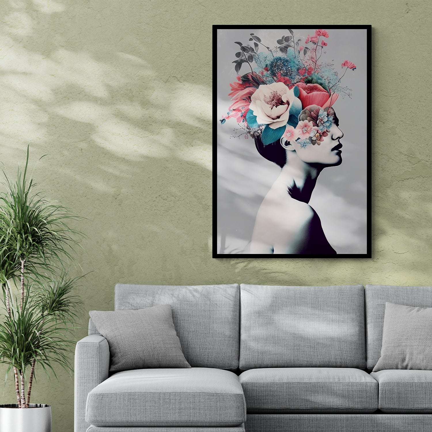 a women with floral bookeh silhouette boho canvas art from Anciq