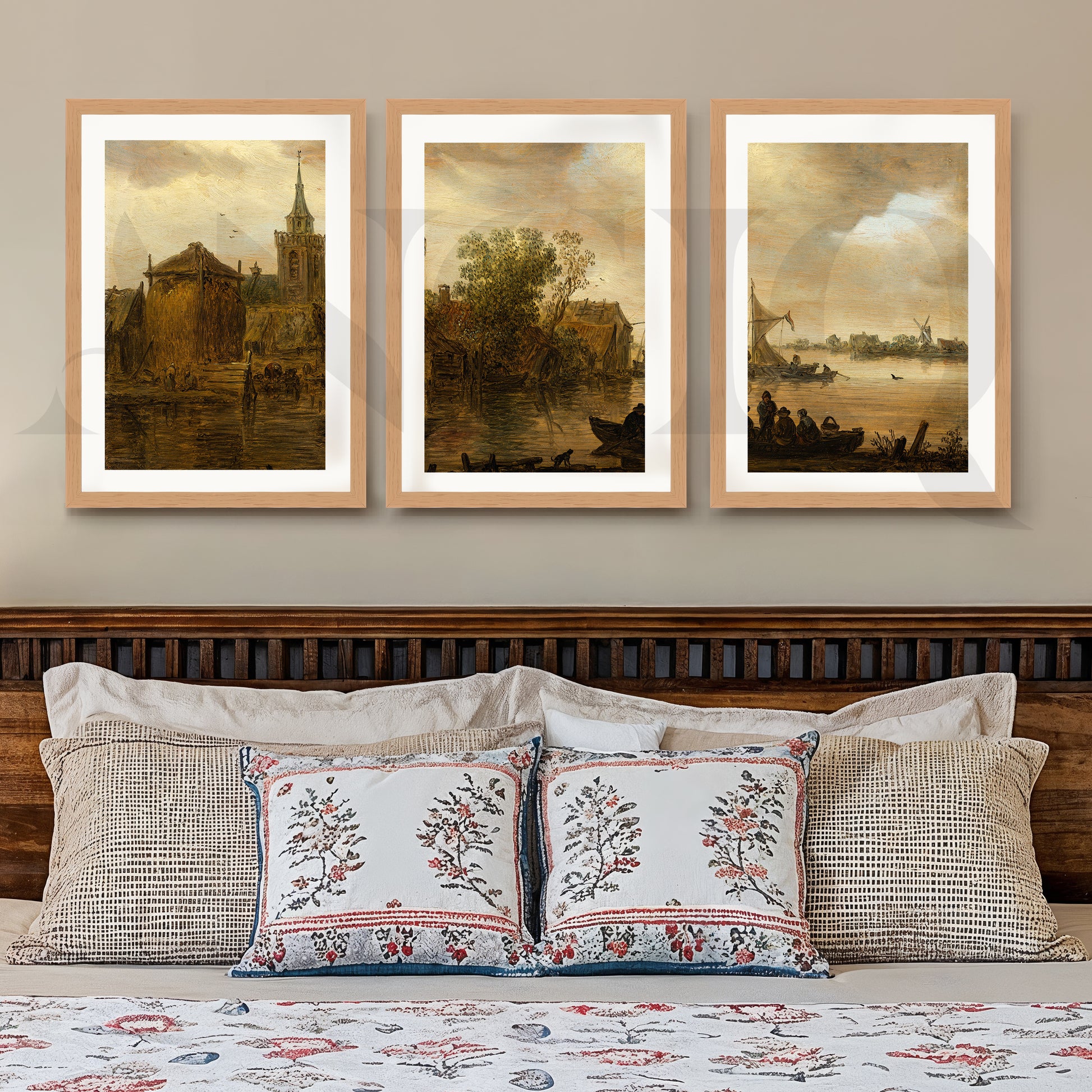 Vintage Riverside Village Gallery Wall – Set of 3 Classic Landscape Artworks - 18 x 24 Inches for Stylish Bedroom