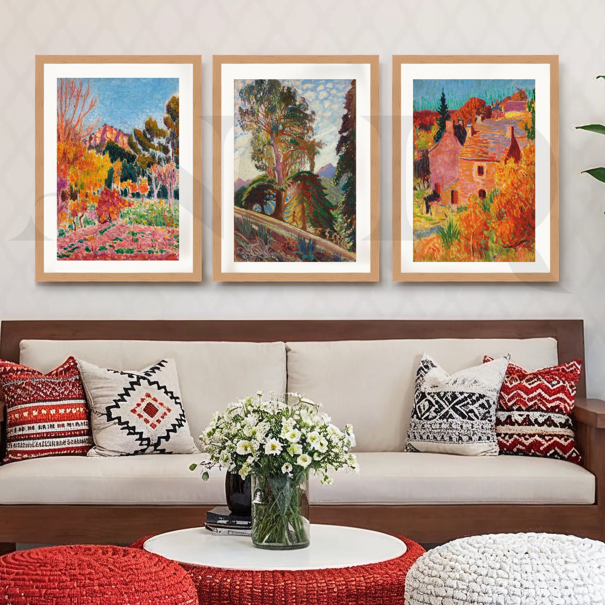 Vibrant Impressionist Countryside Gallery Wall – Set of 3 Vibrant Artworks - 18 x 24 Inches for Living Room