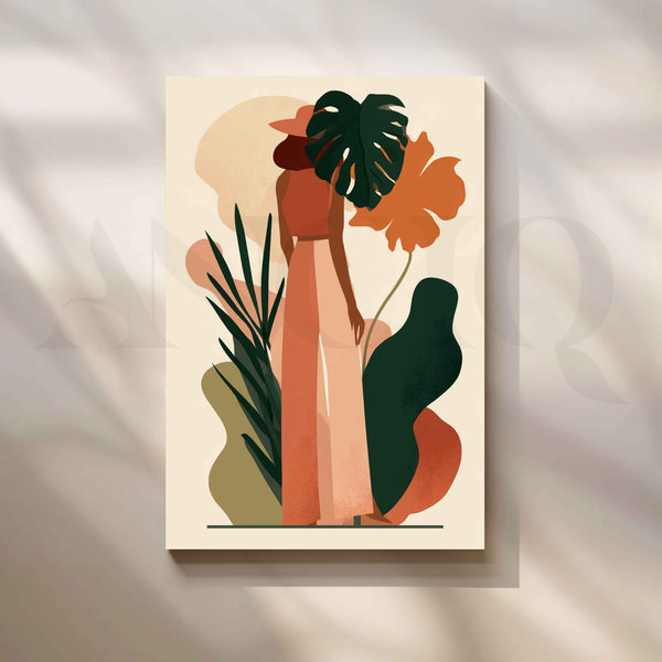 Tropical Boho Muse – Abstract Woman and Botanical Canvas Artwork