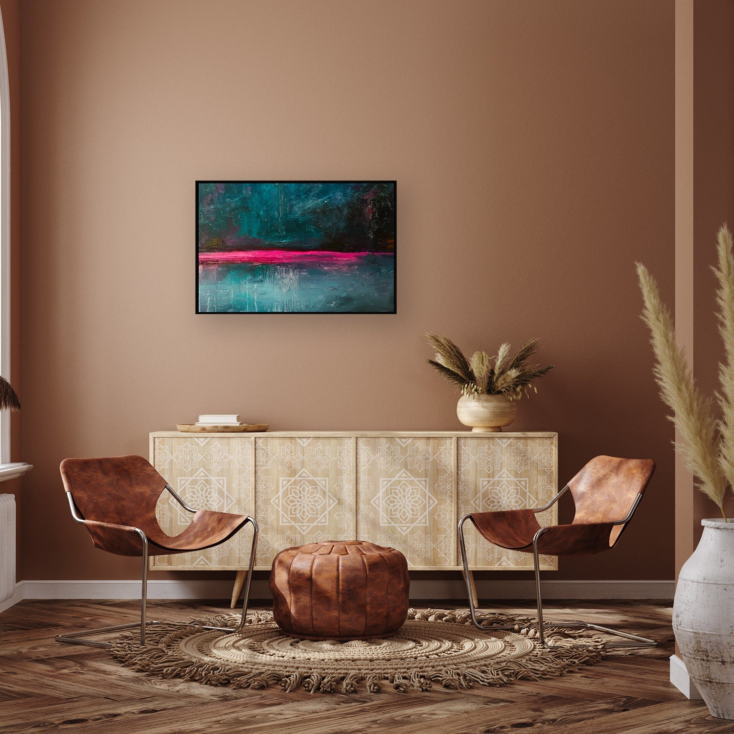 Abstract swirls of navy blue dance with a crimson streak artwork.