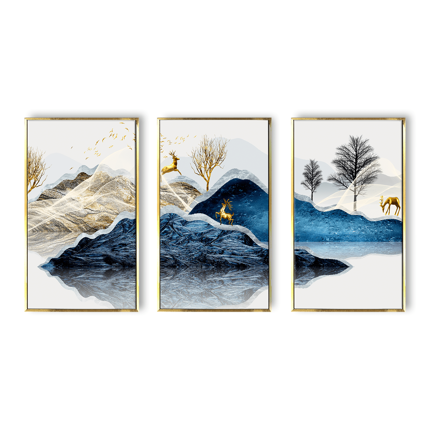 Yellow tree and deer on the mountain- Luxury Canvas Painting