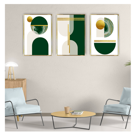Abstract geometric Shape Dark Emerald Green and Gold Canvas Painting